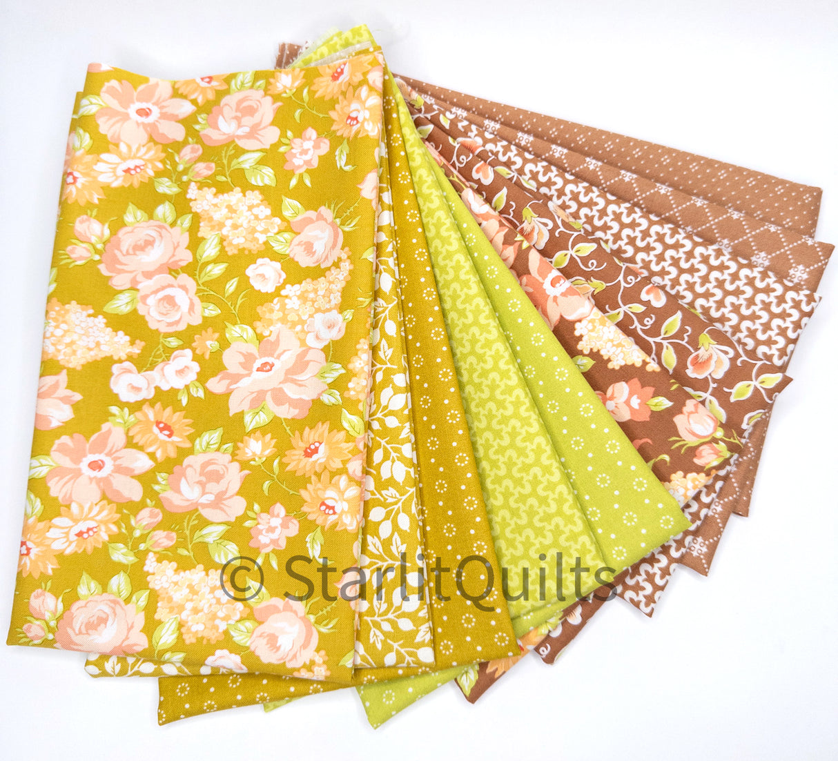 Portofino Sienna and Pineapple Color Bundle includes 10 Fat Quarters cut by Starlit Quilts
