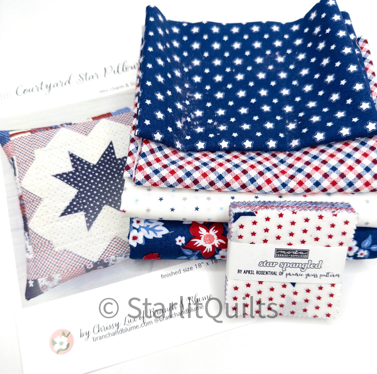 Courtyard Star Pillow Quilt Kit, Includes Printed Pattern and fabric to make the pillow and backing Size is 18" x 18" BNB2314 by Chrissy Lux of Branch and Blume