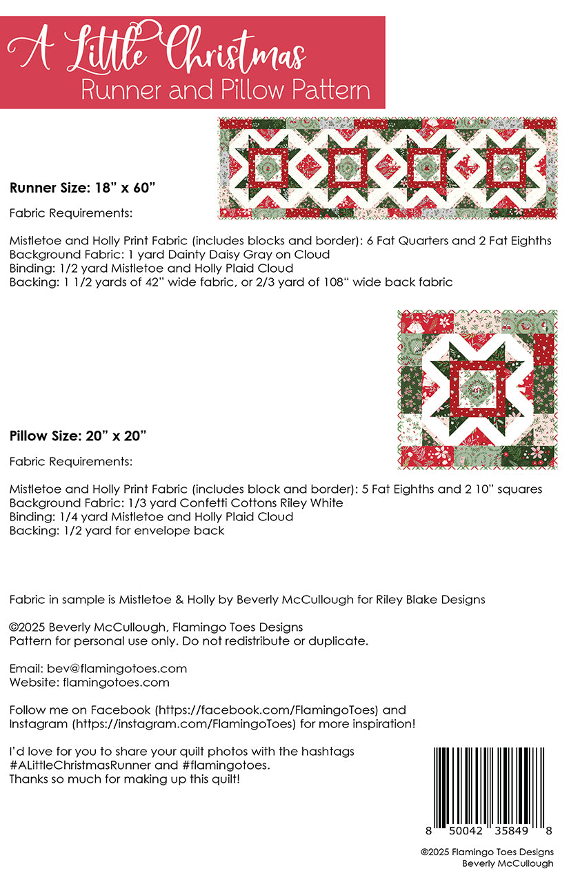 A Little Christmas Runner and Pillow Pattern # FT-8498 By Beverly McCullough for Flamingo Toes