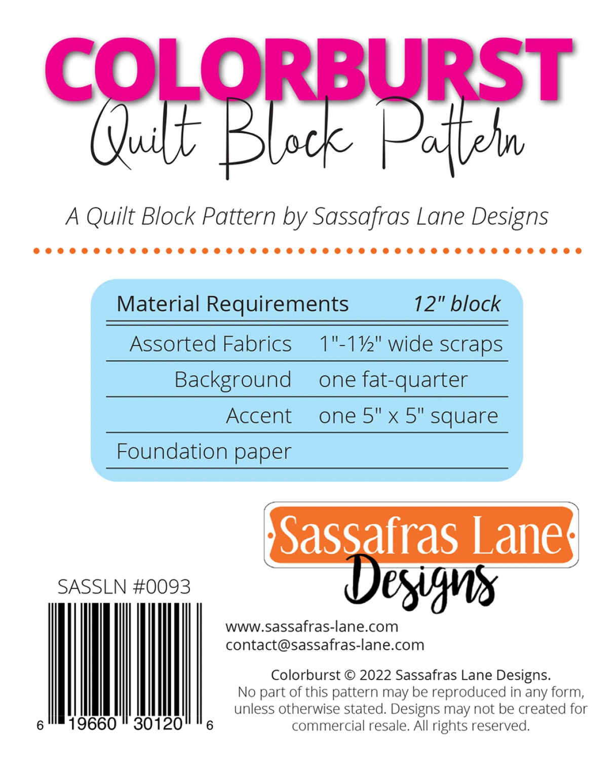 Colorburst Quilt Block Pattern SASSLN0093 12" Block by Sassafras Lane Designs By Wolf, Shayla and Wolf, Kristy