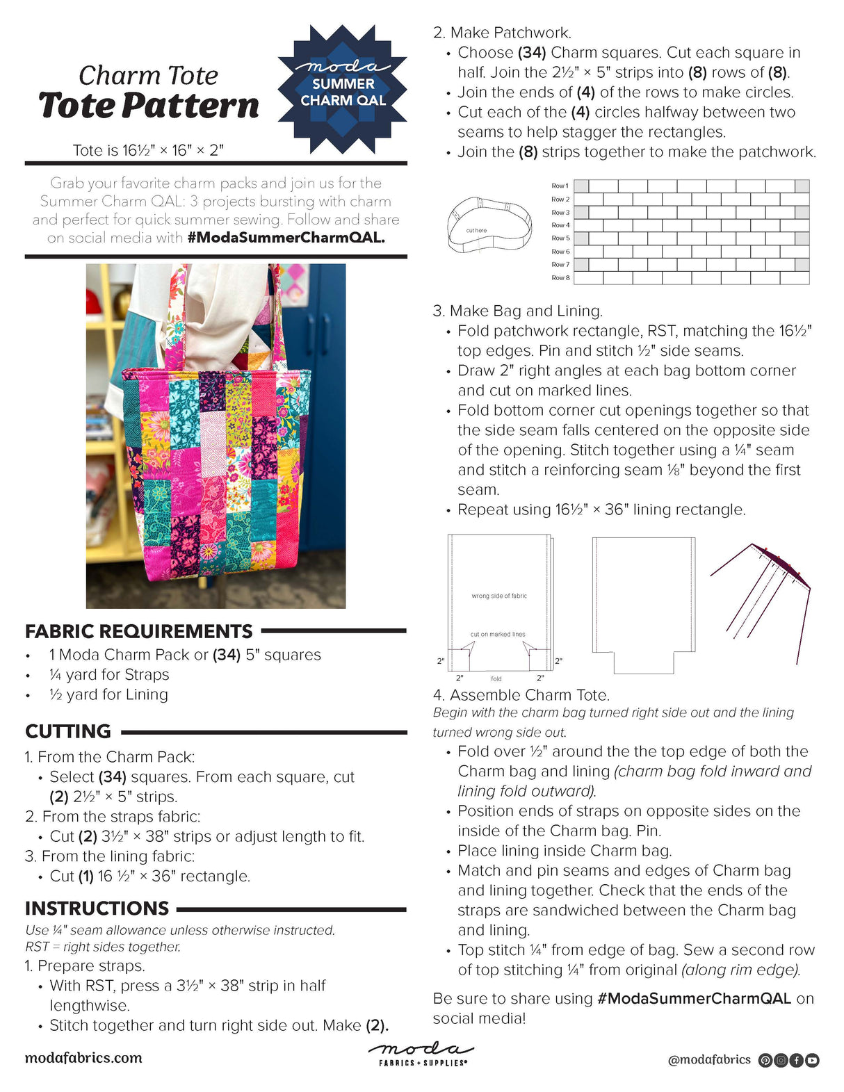 Charm Tote Pattern Free Download pattern by Moda - Tote is 16½" × 16" × 2"