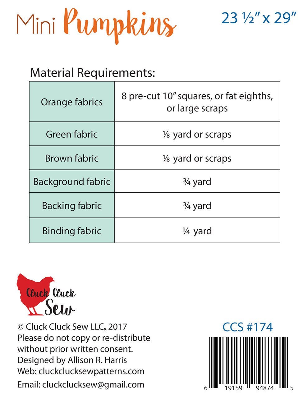 Mini Pumpkins Printed Pattern by Cluck Cluck Sew CCS174
