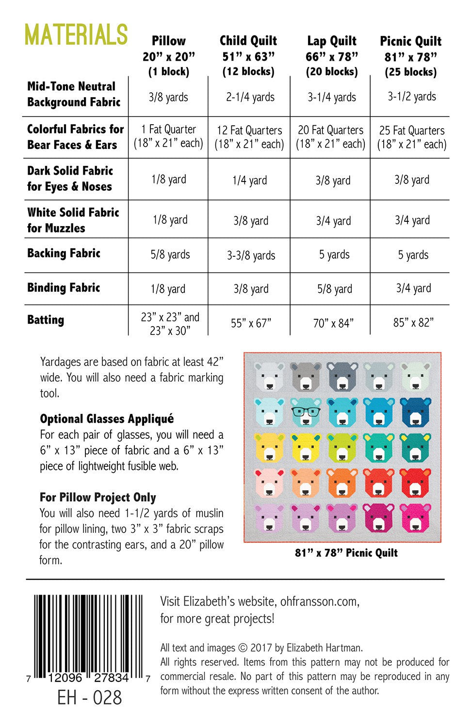 Bjorn Bear Quilt Pattern by Elizabeth Hartman Paper Pattern ONLY EH028