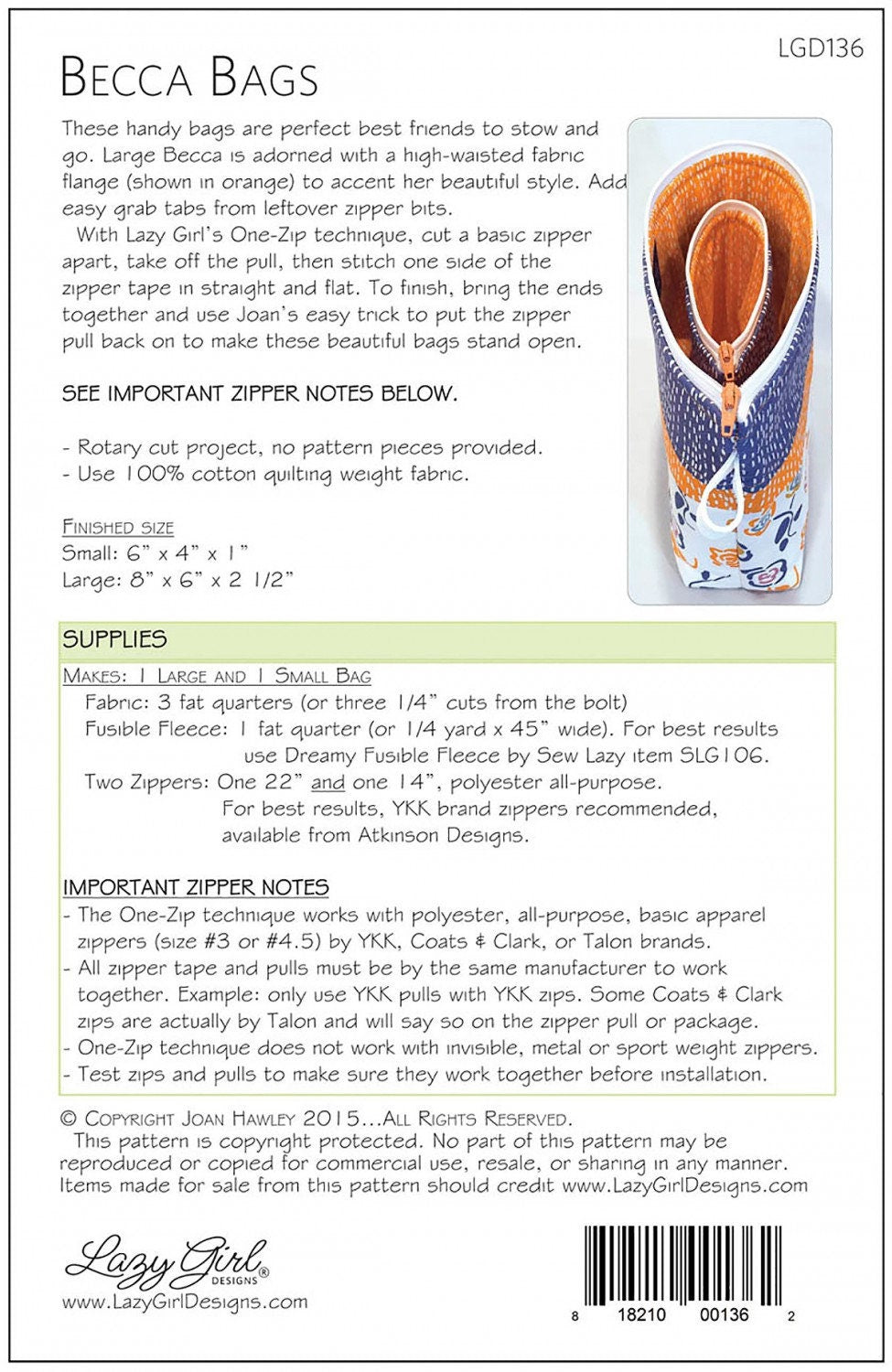 Becca Bag Printed Pattern Only From Lazy Girl Designs By Hawley, Joan One makes 2 different sizes