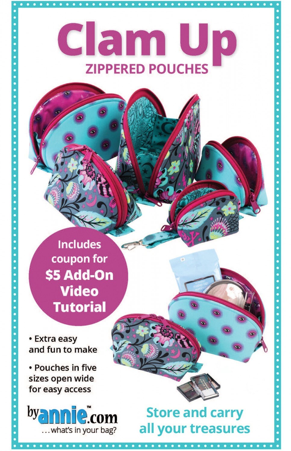 Clam Up Zipper Pouches 5 sizes PBA275 Pattern by Annie