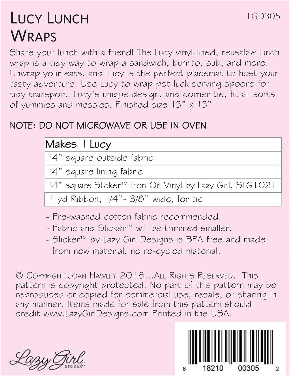 Lucy Lunch Wrap pattern LGD305 From Lazy Girl Designs Bin MP