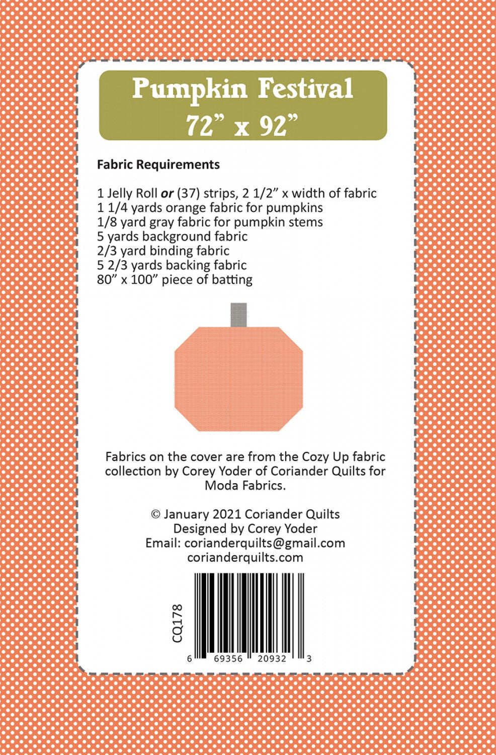 Pumpkin Festival Quilt Pattern by Coriander Quilts CQ178 72" x 92"