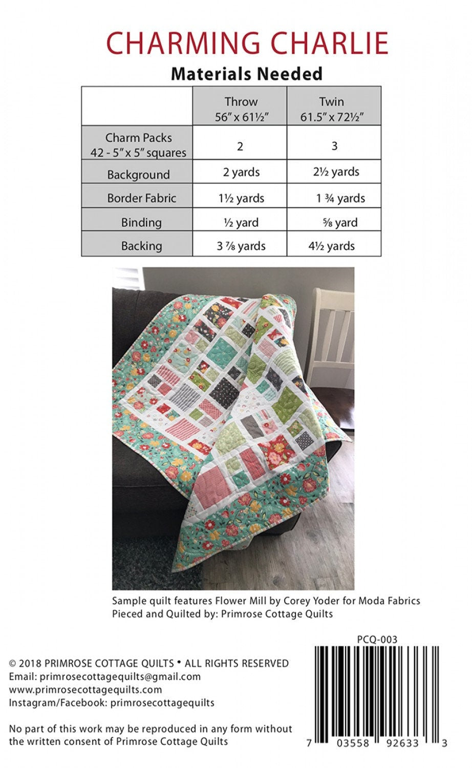 Charming Charlie Quilt Sewing Pattern PCQ-003