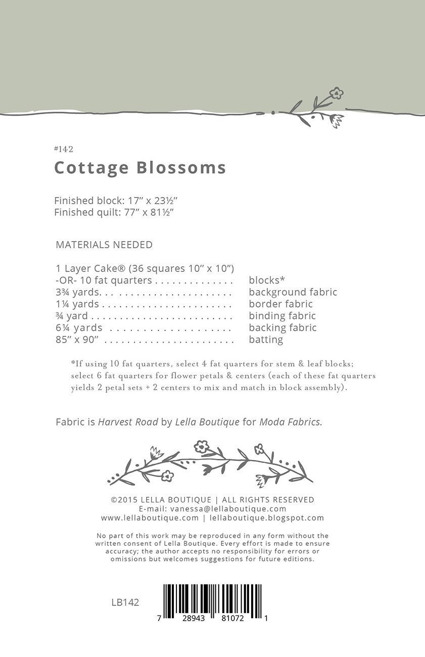 Cottage Blossom Quilt Pattern #142by Vanessa Goertzen for Lella Boutique Finished Size 77" x 81 1/2"