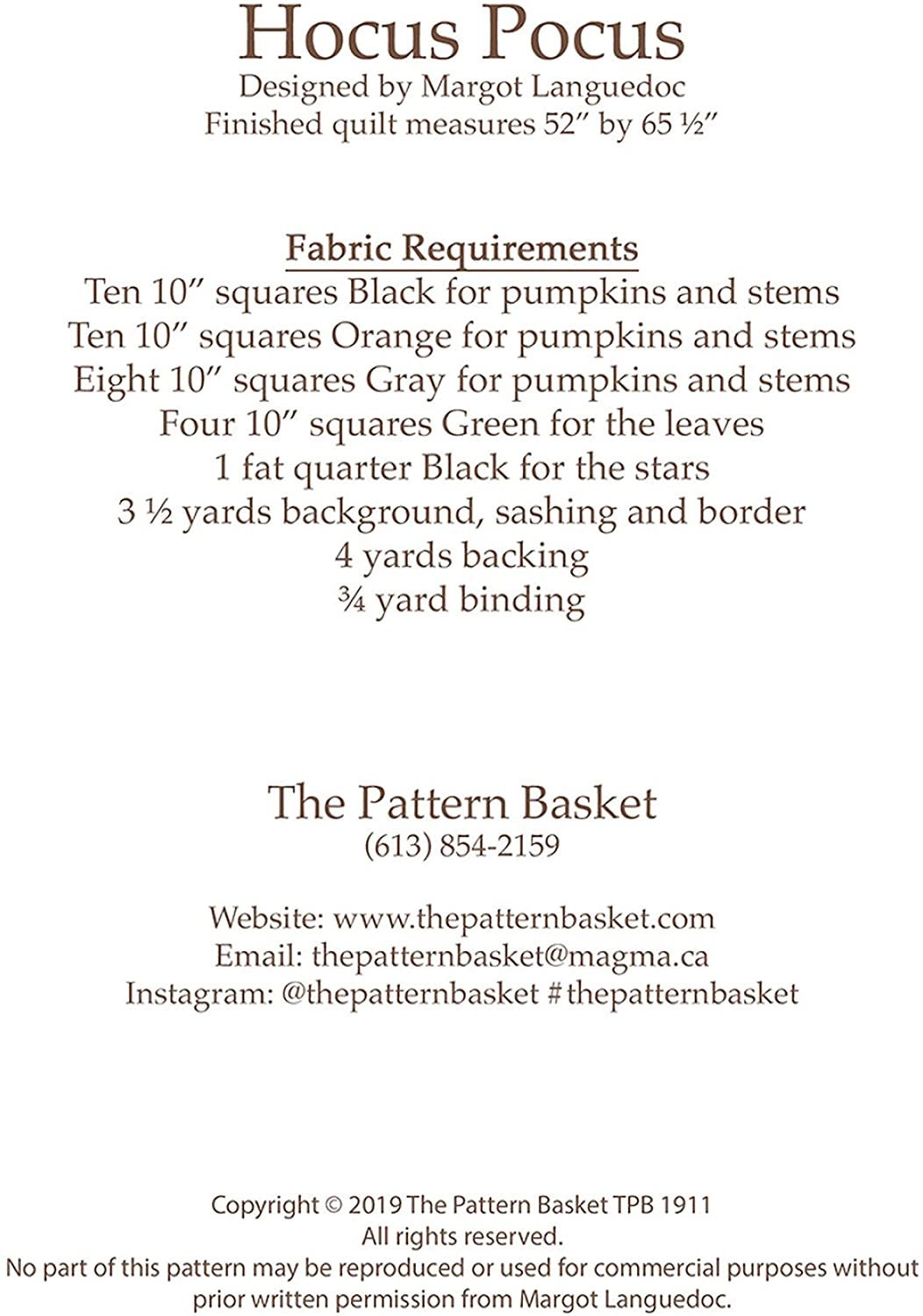 Hocus Pocus TPB1911 By Margot Languedoc Designs Paper Pattern ONLY