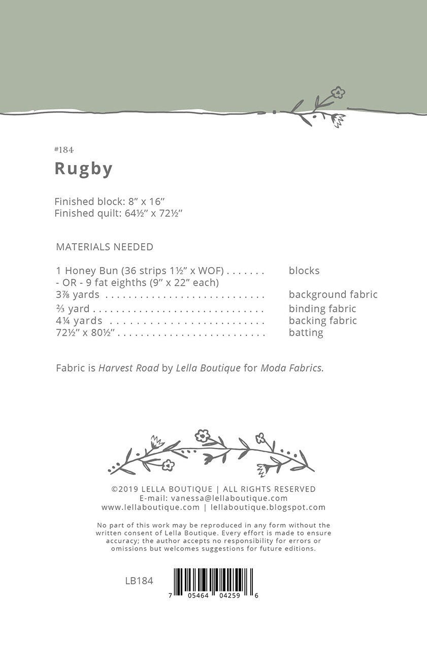 Rugby Quilt Pattern #184 by Vanessa Goertzen for Lella Boutique Finished Size 64 1/2" x 72 1/2"