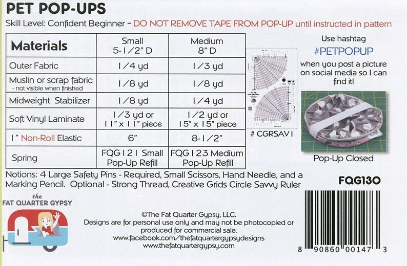 Pet Pop Ups Pattern # FQG130 from the Fat Quarter Gypsy - Does NOT include springs!