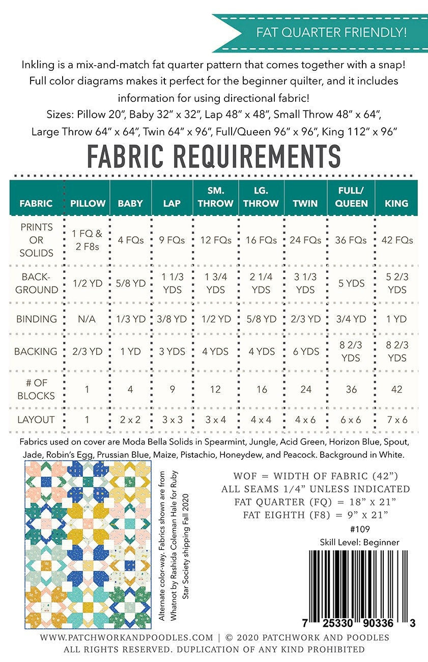 Inkling Quilt Pattern by Patchwork and Poodle, Elaine Bergman Multiple sizes