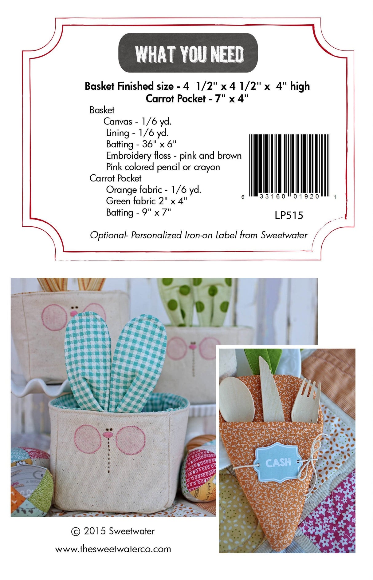 The Bunny Hop, Bunny Basket and Carrot Pocket, by Sweetwater LP515 Paper Pattern Only