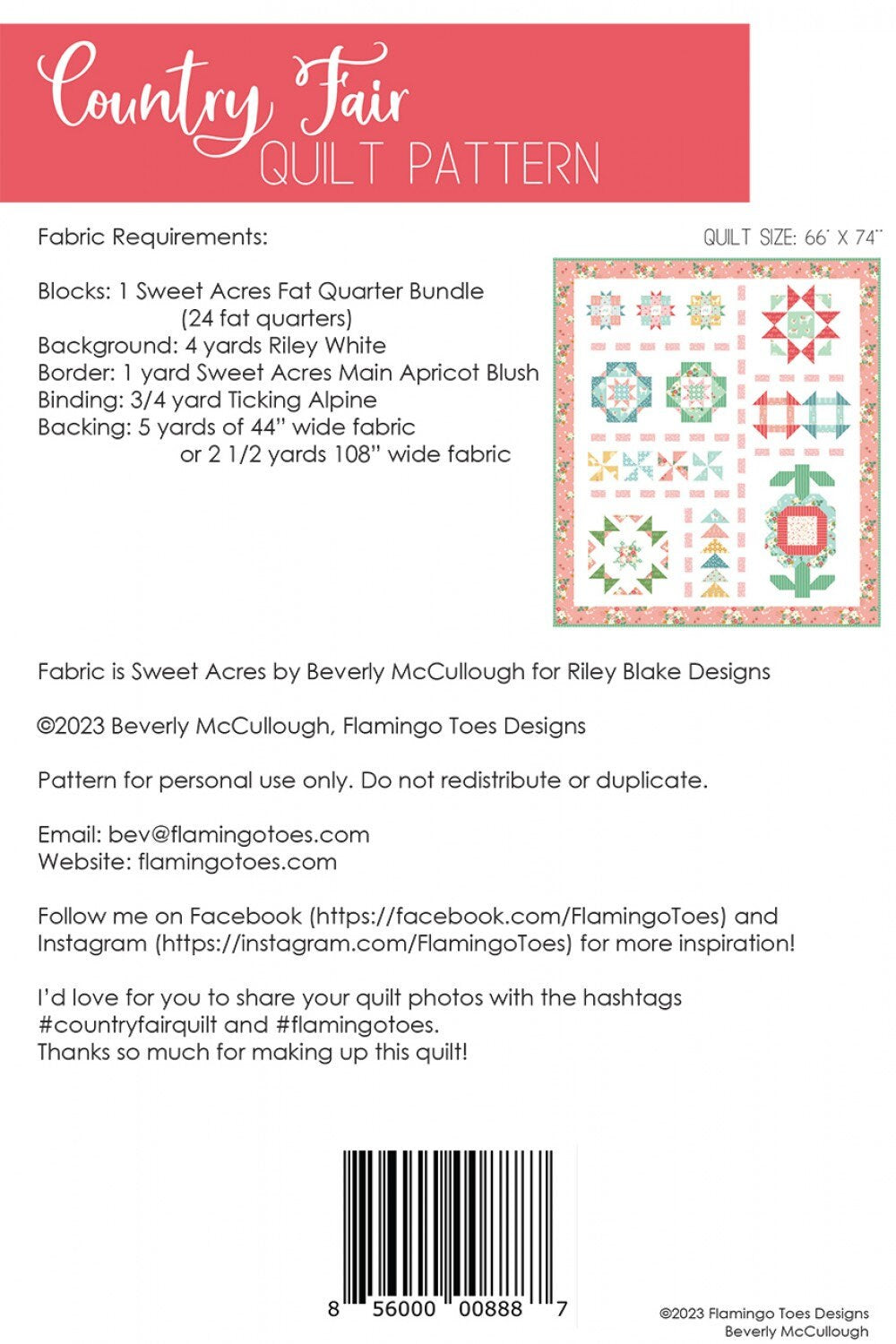 Country Fair Quilt Pattern by Beverly McCullough FT-8887 66" x 74"
