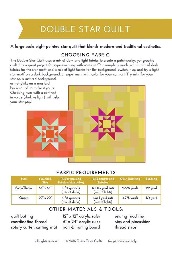 Double Star Quilt Printed Pattern by Fancy Tiger Craft FTC S002 pattern includes 2 sizes, baby and queen