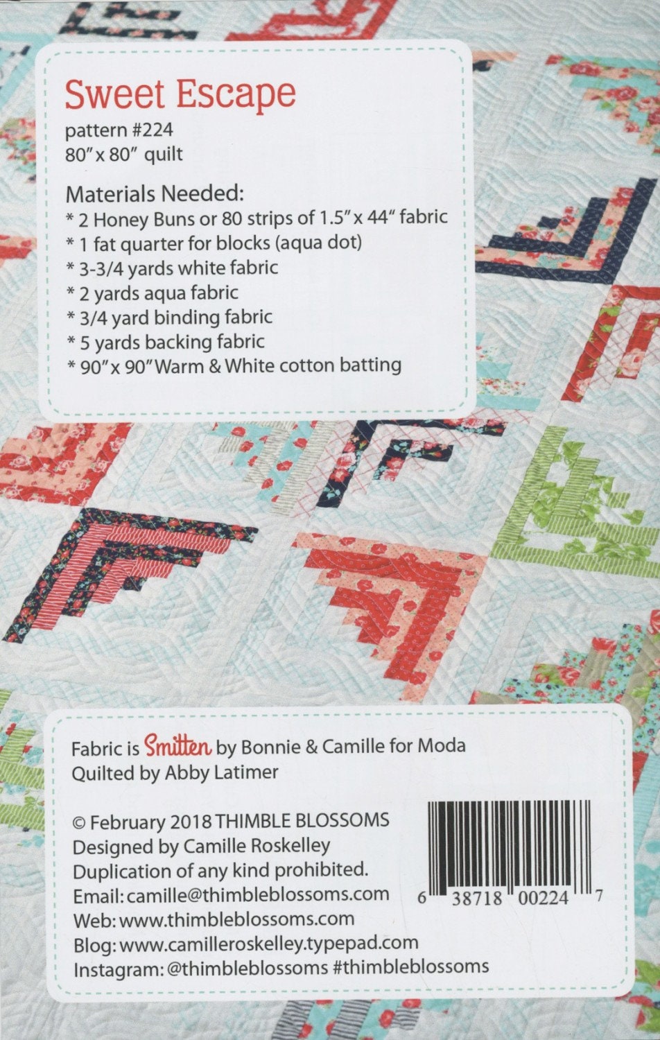 Sweet Escape Thimble Blossoms pattern TBL224 size - 80” x 80” quilt Printed Pattern ONLY