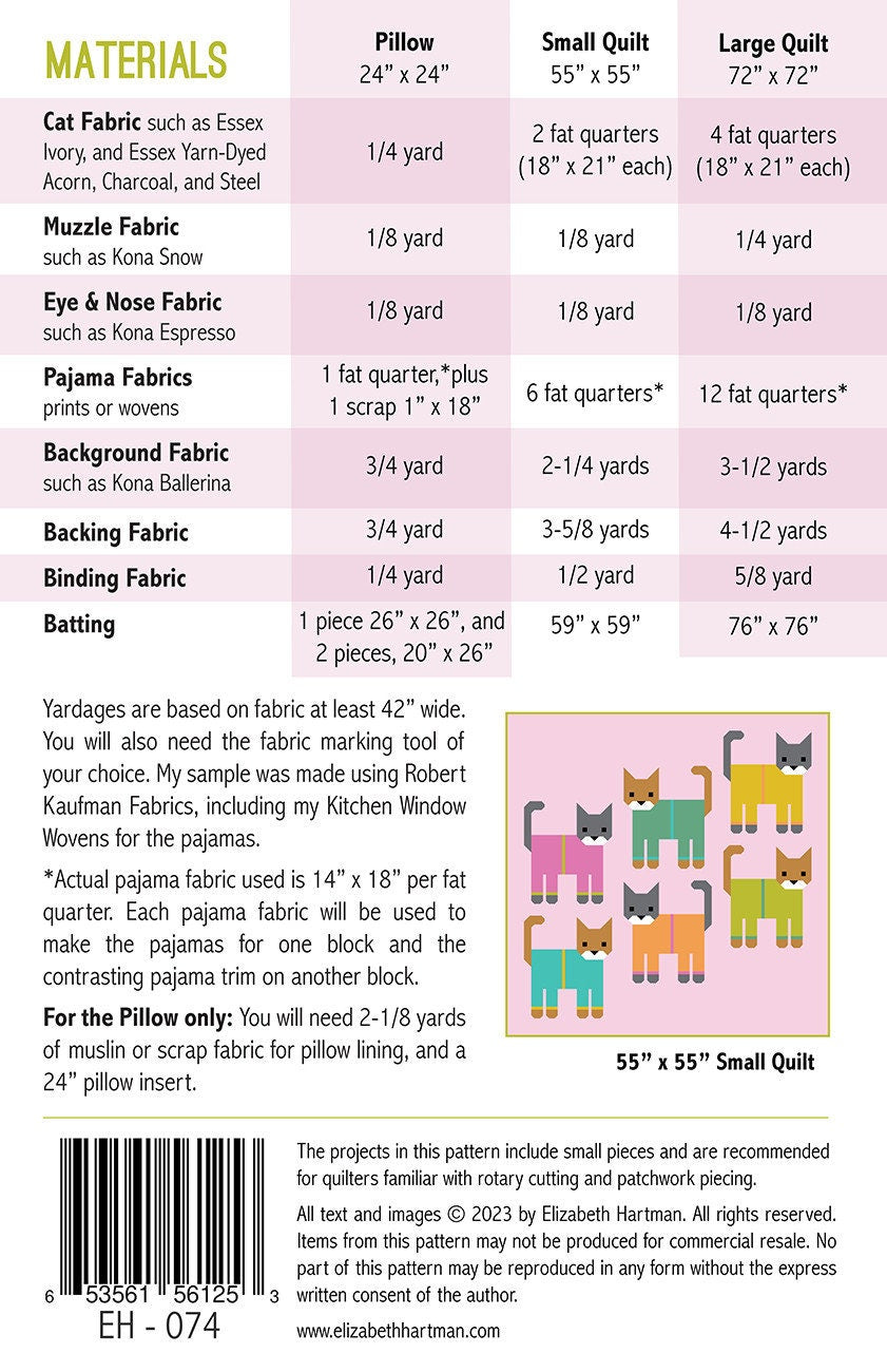 Cats in Pajamas Quilt Pattern By Elizabeth Hartman Paper Pattern EH074