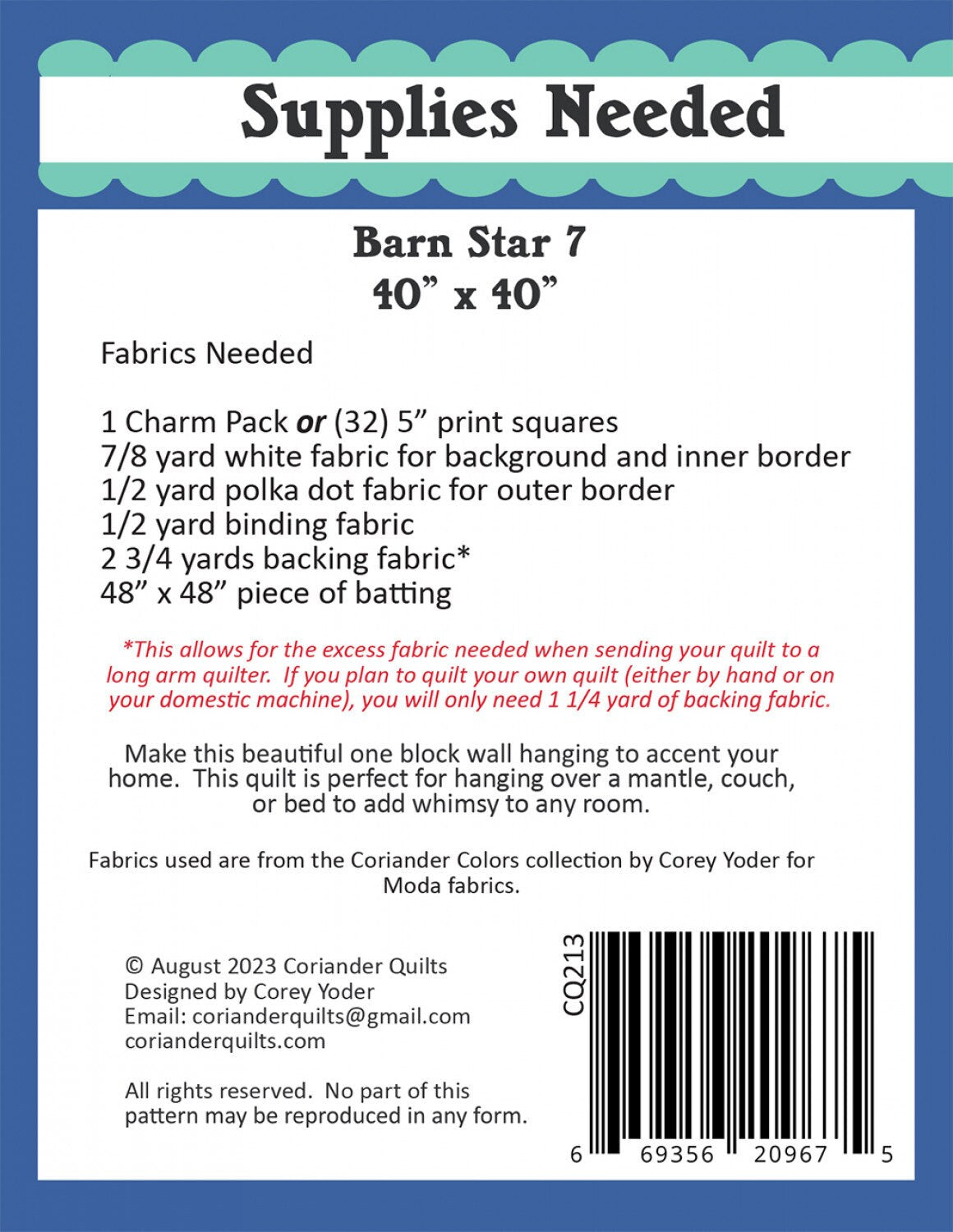 Barn Star 7 by Corey Yoder of Coriander Quilts CQP213 Bin MP
