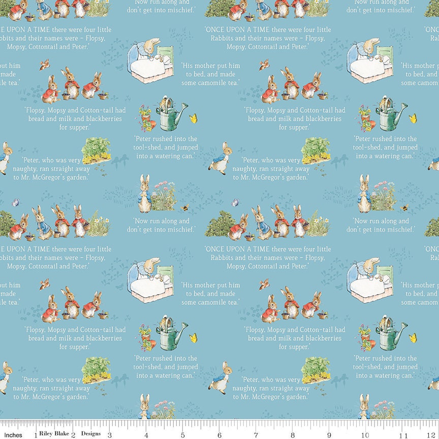 The Tale of Peter Rabbit Blue Text C14701-Blue Fabrics Sold in 1/2 Yard Increments