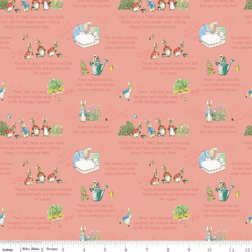 The Tale of Peter Rabbit Coral Text C14701-Coral Fabrics Sold in 1/2 Yard Increments