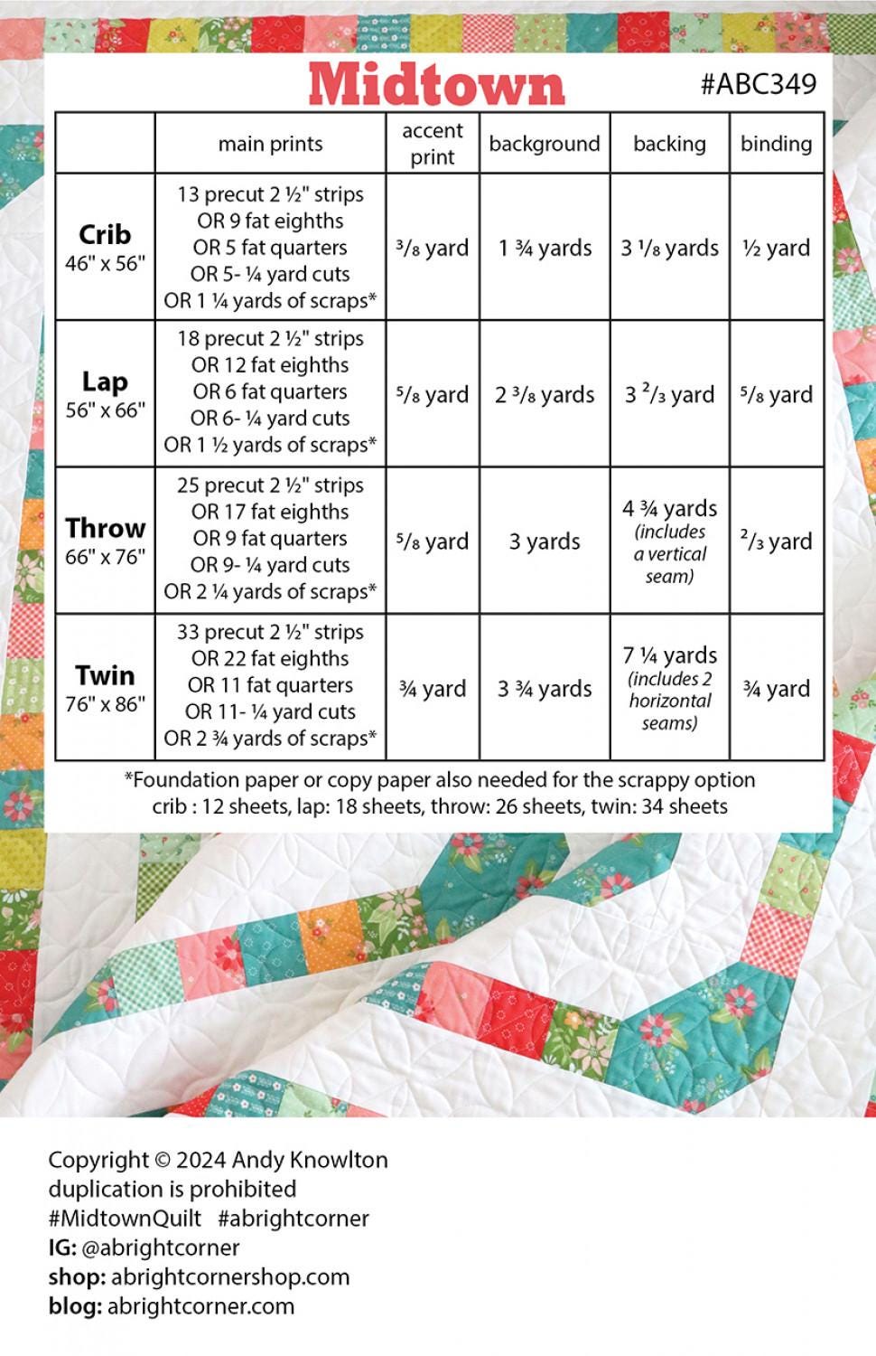 Midtown Quilt Pattern AKBC349 Printed Pattern Only by A Bright Corner Quilts, Crib, Lap and Throw and Twin Quilt Sizes