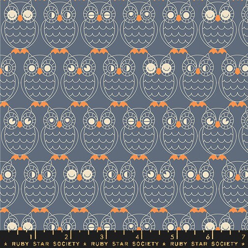a blue and orange owl pattern on a gray background