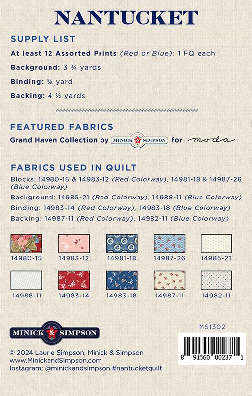 Nantucket Quilt Pattern, Printed Pattern Only MS1302 by Minick and Simpson 67 1/2" x 67 1/2"