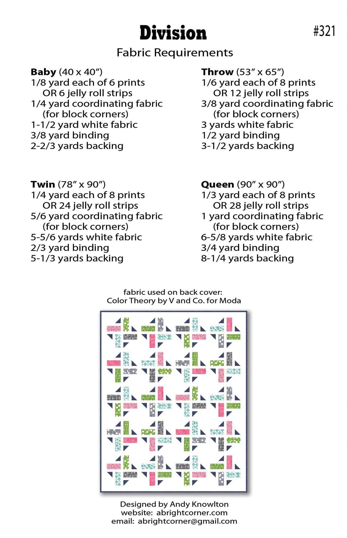 Division Quilt Pattern by A Bright Corner Quilts ABC-321, 4 sizes