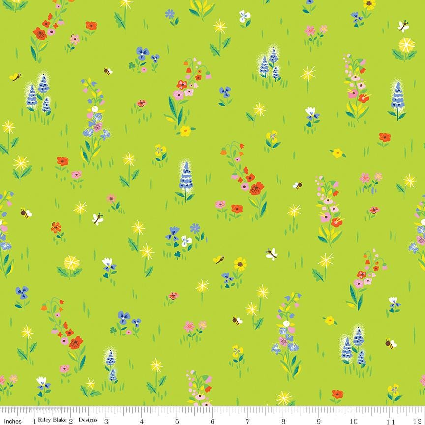 a green background with a bunch of flowers on it