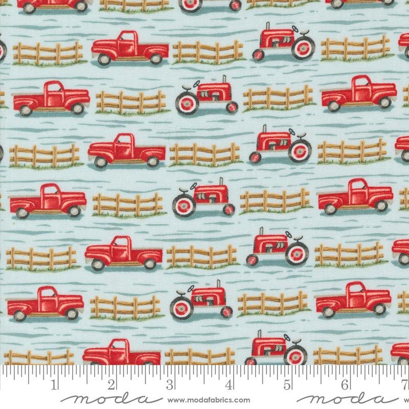 Willows Farm Trucks and Tractors Sky Yardage 56103-16 by Deb Strain for Moda Fabric Sold in 1/2 yard increments cut continuously