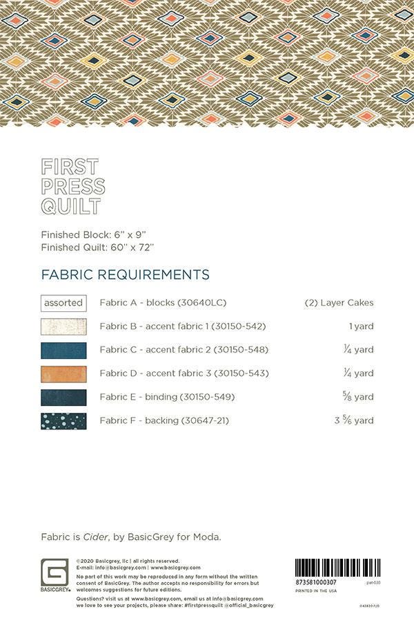 First Press Quilt Pattern - PAT030 by Basicgrey Printed Pattern ONLY Finished Size 60" x 72"