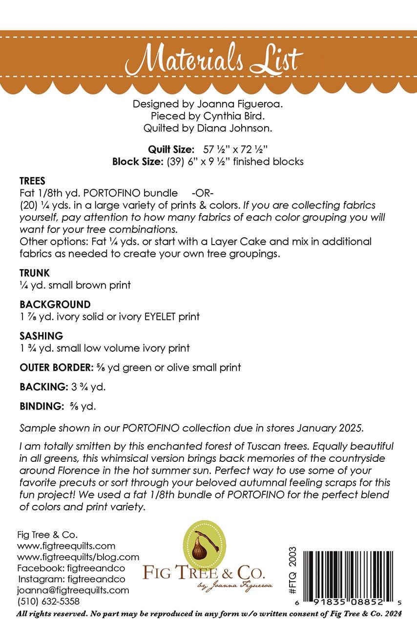 Trees in Tuscany Printed Pattern by Fig Tree Quilts FTQ2003