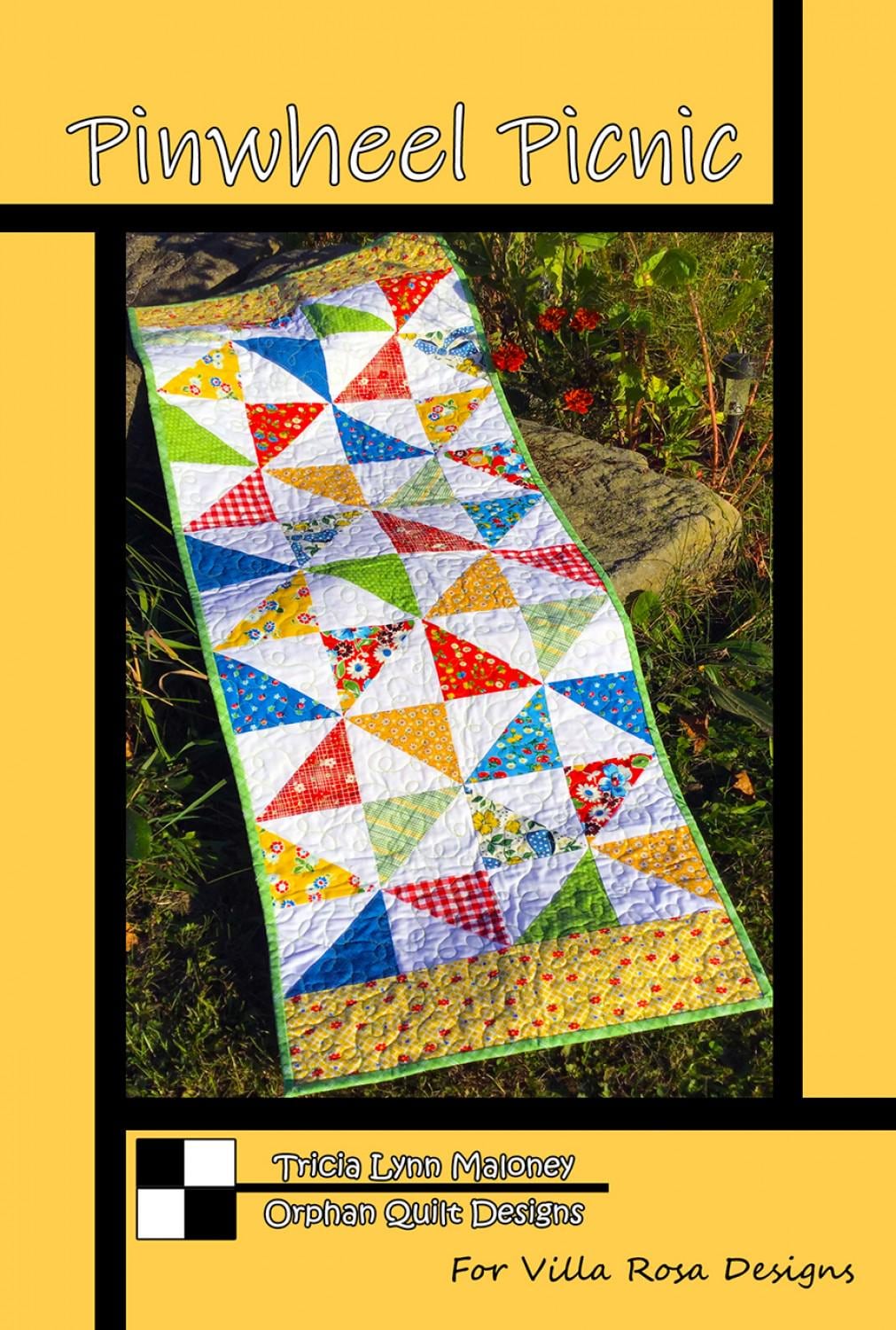 Pinwheel Picnic Quilt Pattern Card by Tricia Lynn Maloney Orphan Quilt Designs for Villa Rosa Designs finished size 16" x 48" 5" charm