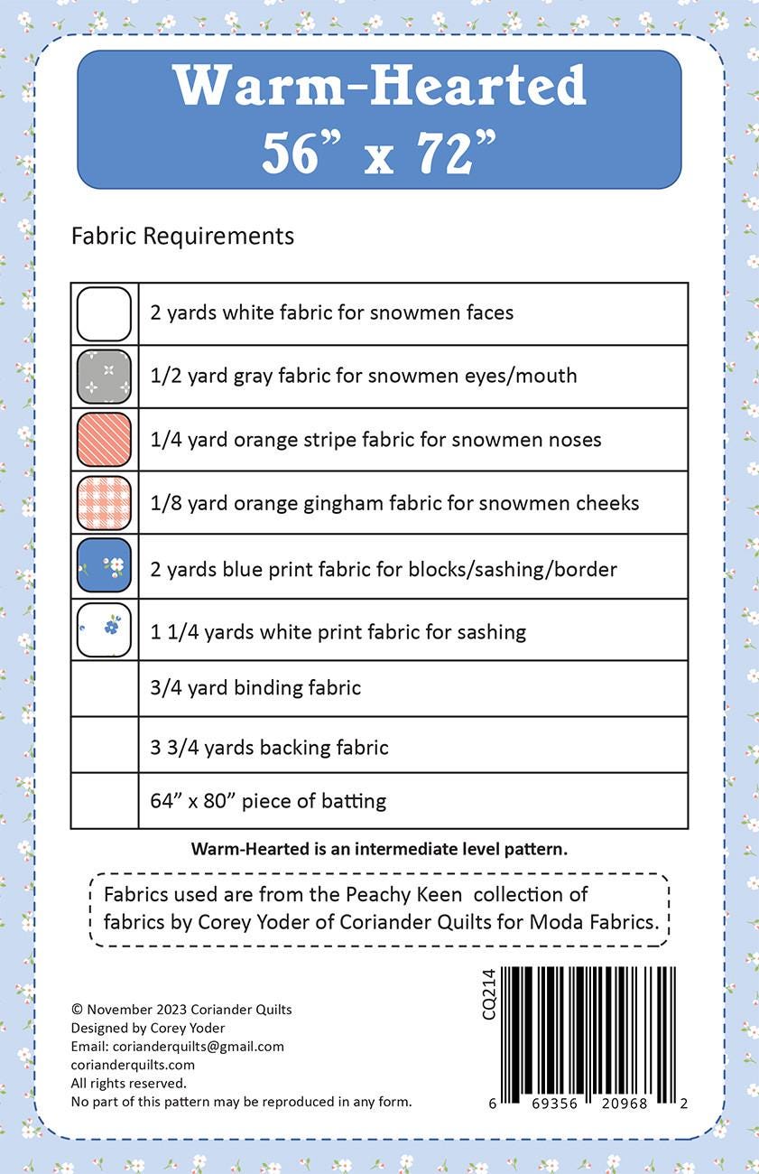 Warm-Hearted Printed Paper Pattern CQ214 by Cory Yoder for Coriander Quilts Finished Size: 56in x 72in