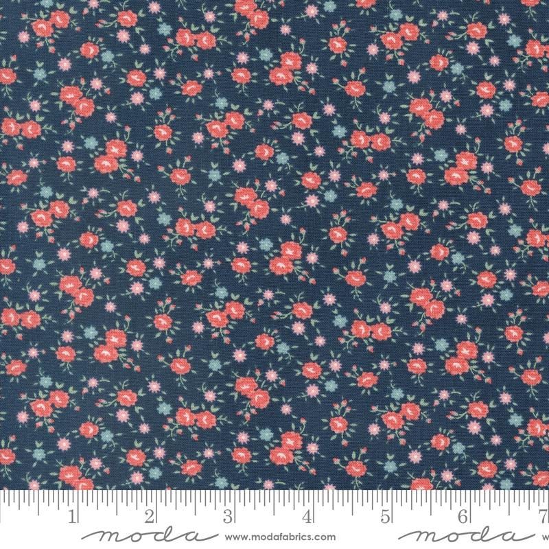 a blue background with red and pink flowers