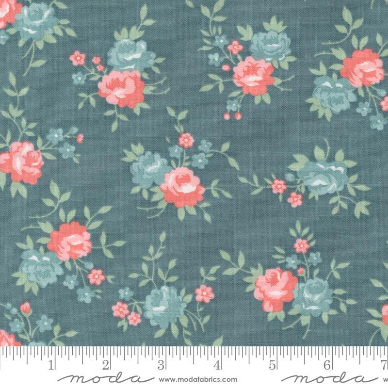 a blue background with pink and green flowers