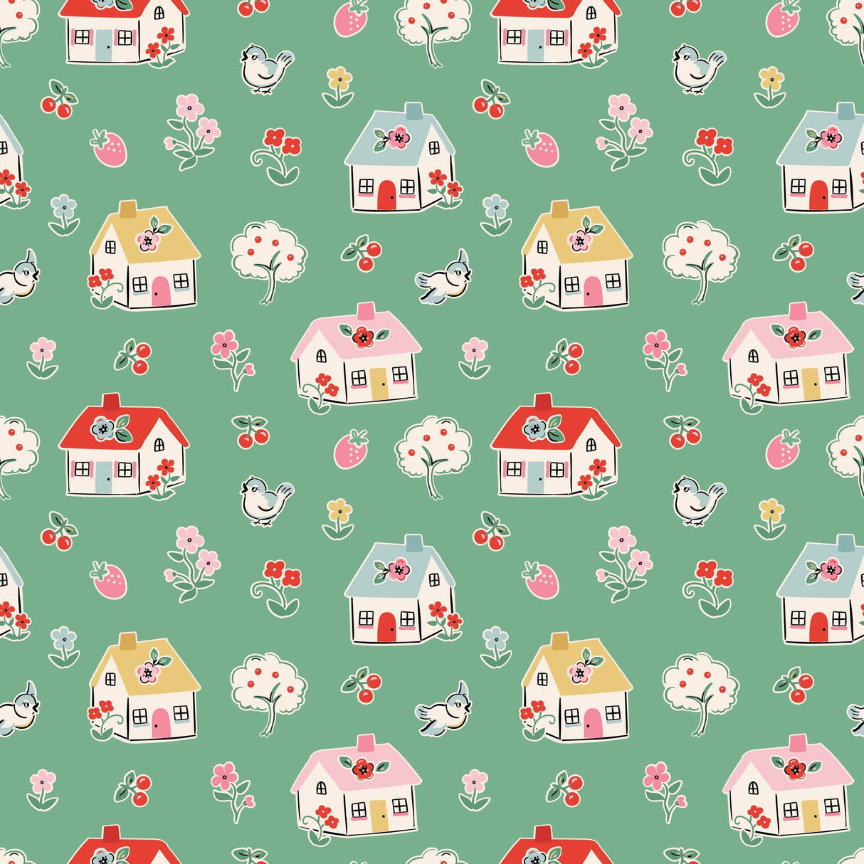 Home Sweet Home Happy Green VR24457 by Elea Lutz for Poppie Cotton Sold in 1/2 yard increments cut continuously.