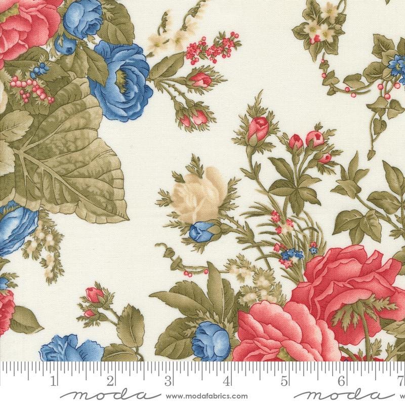a white background with red, blue, and pink flowers