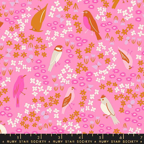 a pink background with birds and flowers
