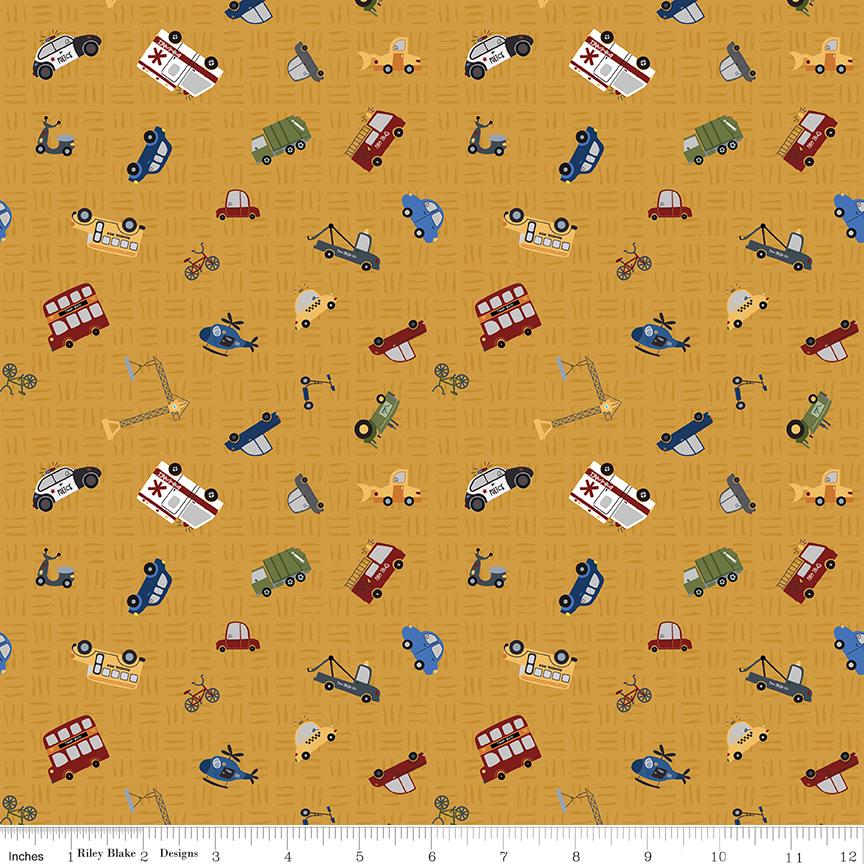 a yellow background with a lot of different types of vehicles