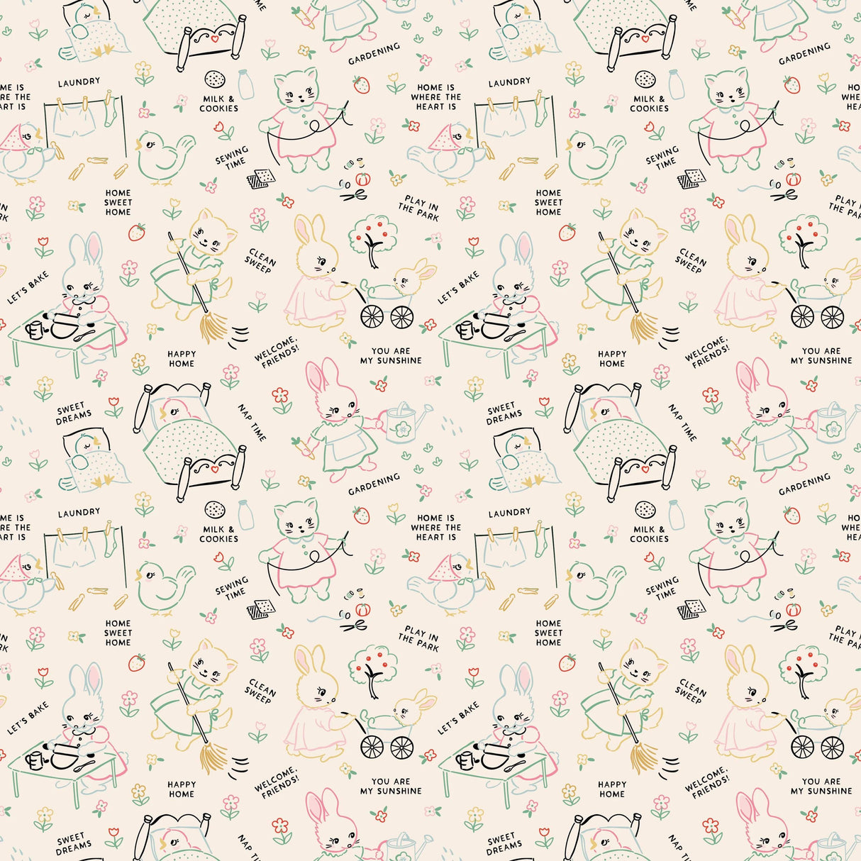 Home Sweet Home Chore Time Multi VR24460 by Elea Lutz for Poppie Cotton Sold in 1/2 yard increments cut continuously.