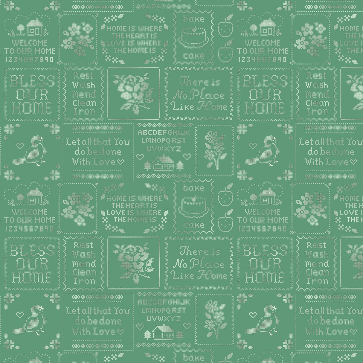 Home Sweet Home Cross Stitch Green VR24463 by Elea Lutz for Poppie Cotton Sold in 1/2 yard increments cut continuously.