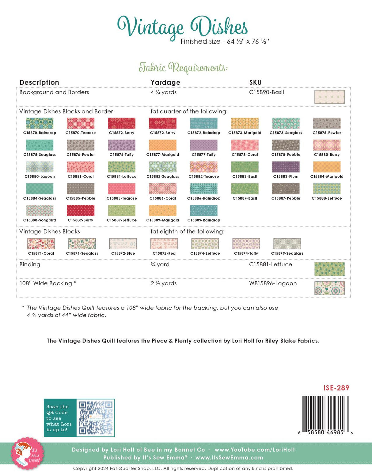 Vintage Dishes Quilt Pattern ISE-289, By Lori Holt of Bee in My Bonnet. Finished sizes: 64.5" x 76.5"