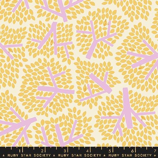 a yellow and pink pattern with small leaves