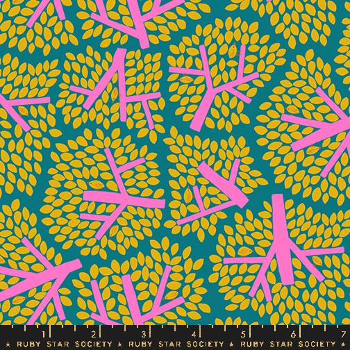 a blue background with yellow and pink leaves