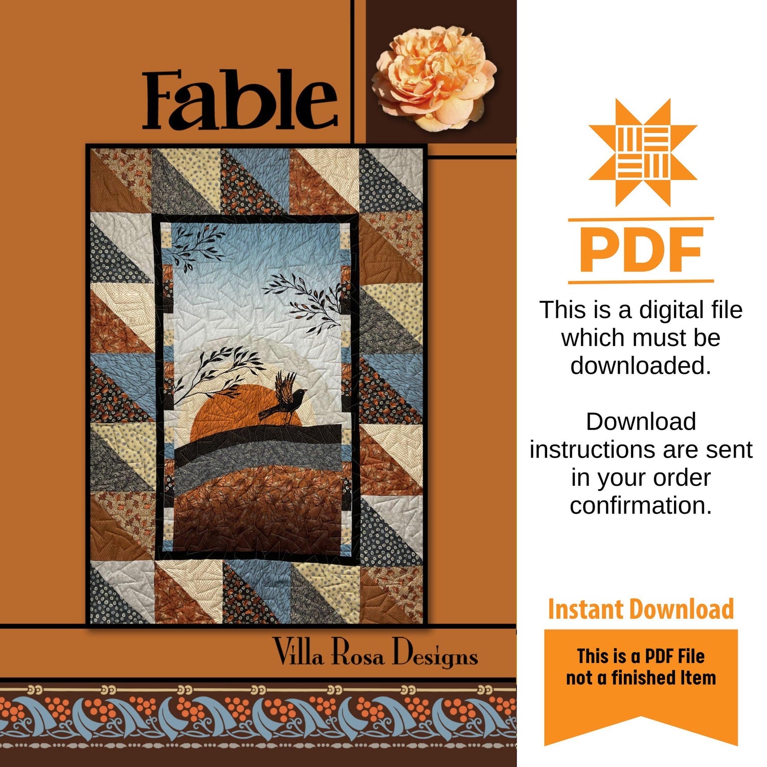 Fable Quilt Pattern Only - INSTANT DIGITAL DOWNLOAD - By Villa Rosa Designs Size 40" x 56" (50" x 66" with optional border)