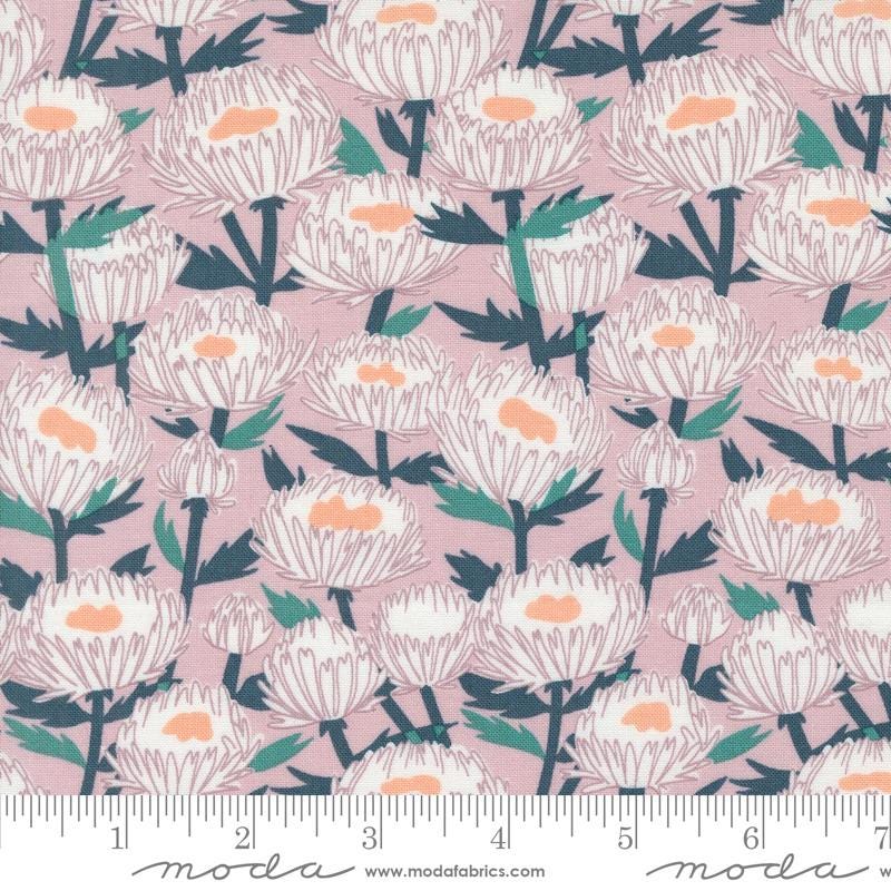 a pink background with white flowers and green leaves