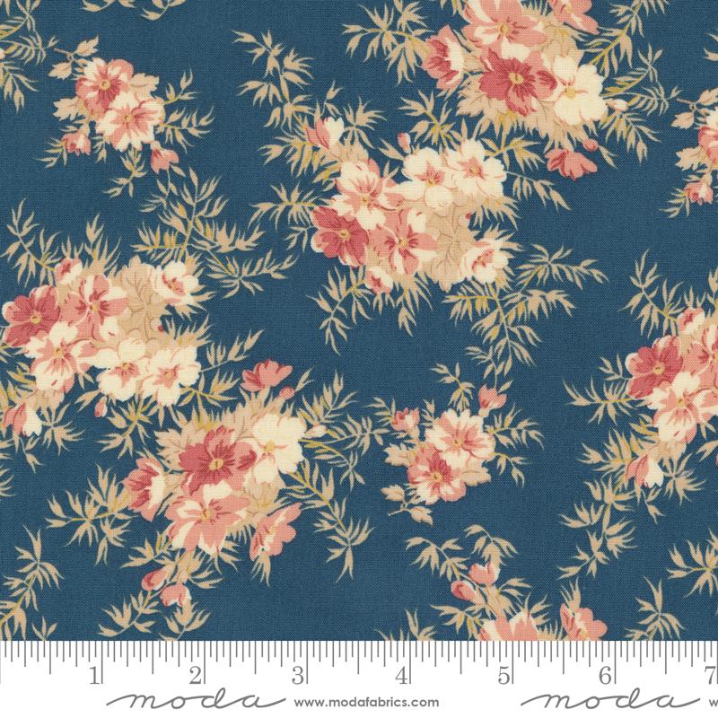 a blue background with pink and yellow flowers
