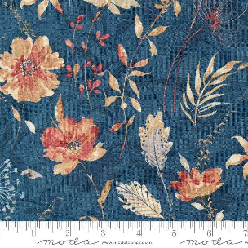a blue background with orange and yellow flowers